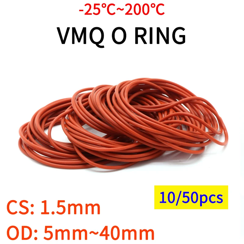 

10/50 шт. красное Силиконовое уплотнительное кольцо VMQ CS 1,5 мм OD 5 ~ 40 мм пищевой класс Водонепроницаемая шайба резиновая Изолированная круглая o-образная уплотнительная прокладка