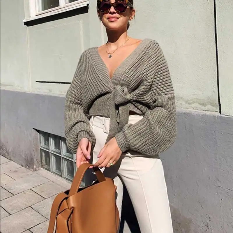 

Женский короткий кардиган с поясом, укороченный Кардиган с длинным рукавом и V-образным вырезом