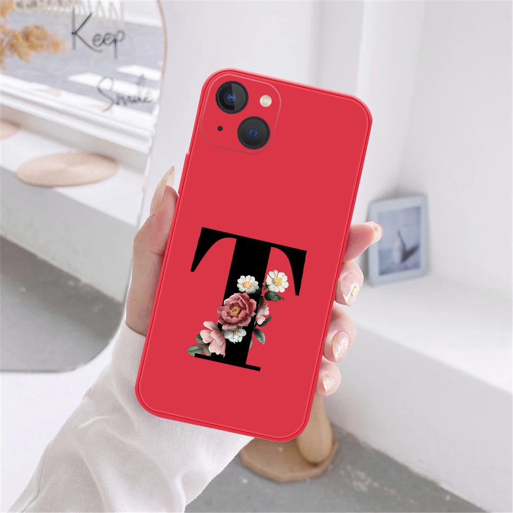 Фото Модный силиконовый чехол для телефона с буквой A Z для iPhone 12 13 ProMax 12 13 mini Retro черный цветок китайский красный чехол-накладка №5