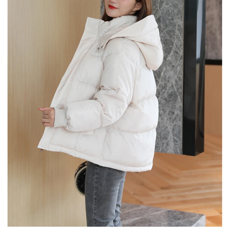 Winter Women's Hooded Zipper Loose Down Coat Korean Fashion Solid Color Long Sleeve Warm Thick Cotton Coat New 2023 Black