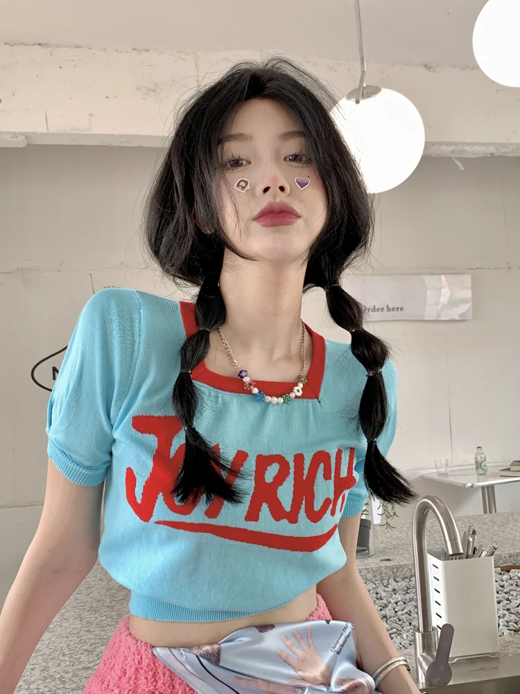 

Korean Spring Summer Square Collar Sweety Contrasting Colors Patchwork Short Sleeve T-Shirt Base Retro Fashion Knitting Top