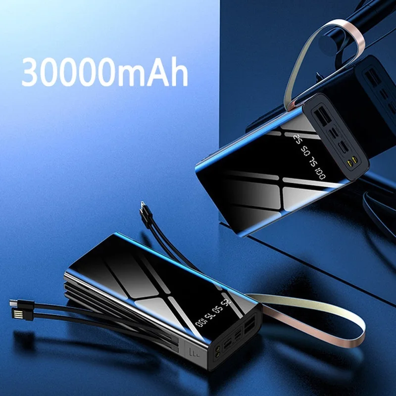 

Power Bank 30000mAh Built in Cable Portable Charging Poverbank Mobile Phone External Battery Charger Powerbank for iPhone