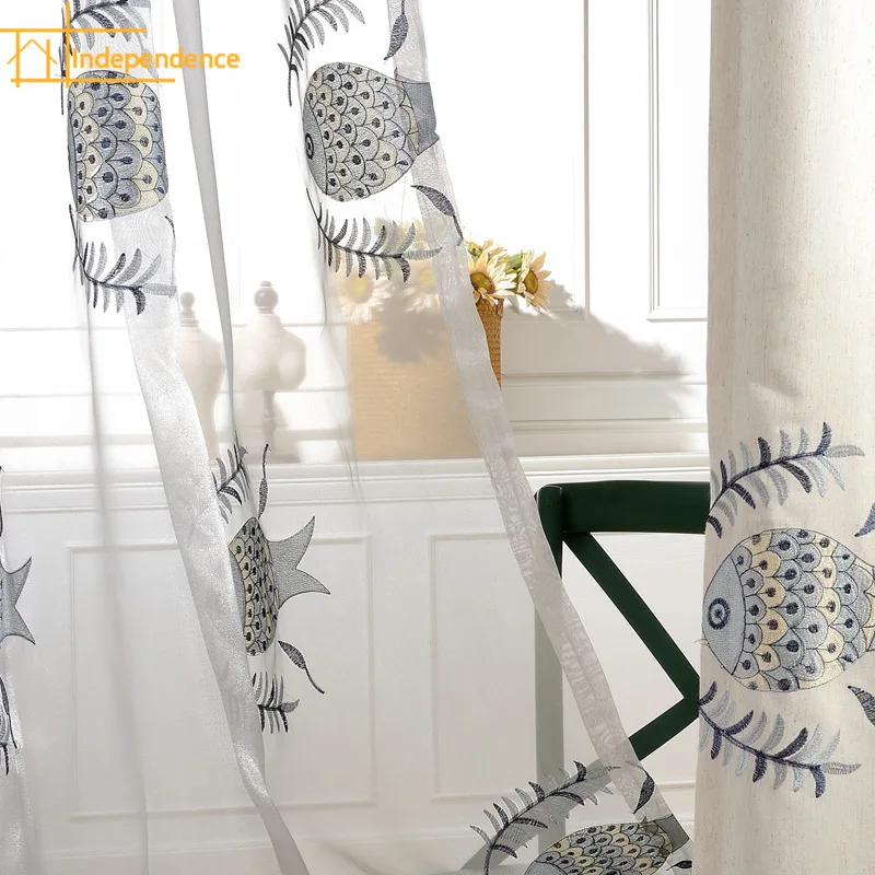 

Chinese Style Children's Room Fish Embroidery Window Screen Curtains for Living Room Bedroom Finished Home Decoration