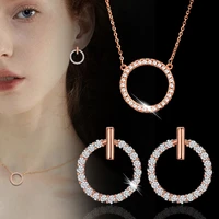 leeker classic crystal circle pendant choker necklace and stud earring set rose gold silver color wedding jewelry set zd1 xs2