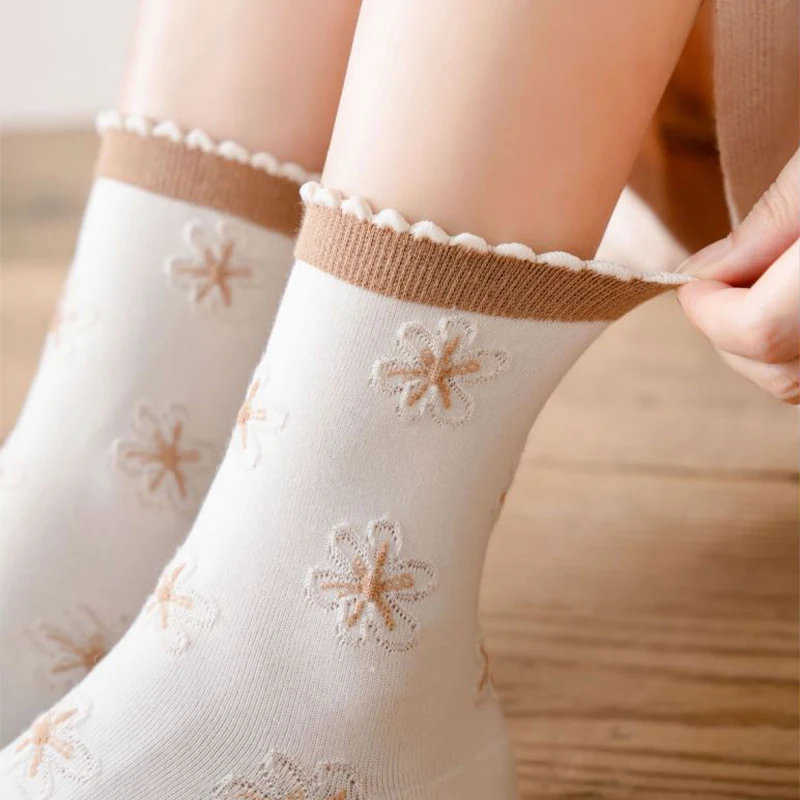5 Pairs Long Breathable Cotton Socks Women Fashion Print Cute Thin Cool Socks Set Ladies Cycling Streetwear Socken Damen Femme