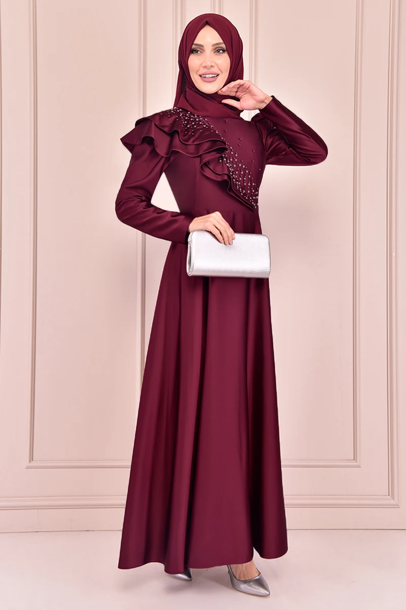 Атласное платье с жемчужинами бордового цвета KBR21350