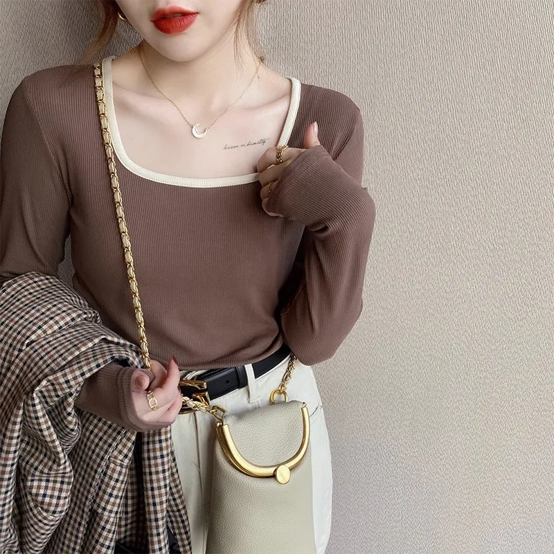 

Anbenser Square Neck Contrast Color Slim Fitting Long Sleeved T-Shirt for Women Spring Autumn Thin 2023 New Threaded Tops
