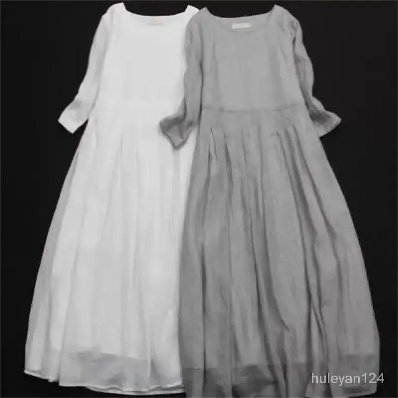 

TANC Spring Autumn Women One-piece Long-sleeved Long-sleeved One-piece Linen Loose Big-size