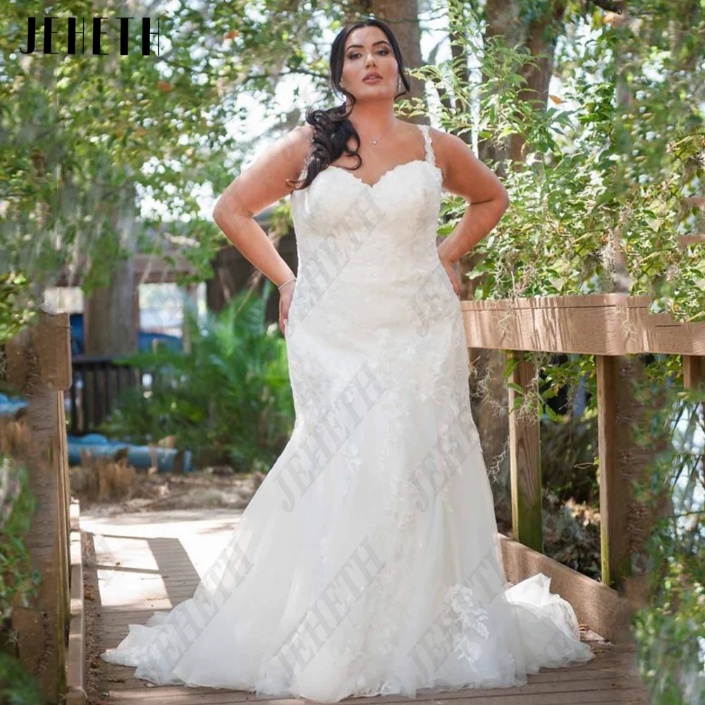 

JEHETH Mermaid Wedding Dresses Plus Size Modern Spaghetti Straps Sweetheart Bride Gowns Lace Applique Tulle vestidos de novia