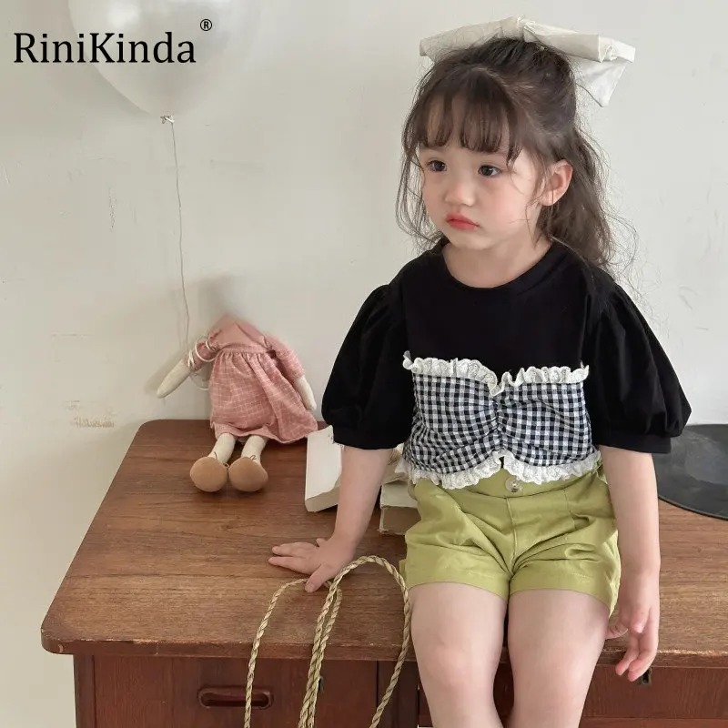 

Летняя одежда для маленьких девочек, детская клетчатая футболка с оборками и коротким рукавом + однотонные шорты, комплект из 2 предметов, мо...