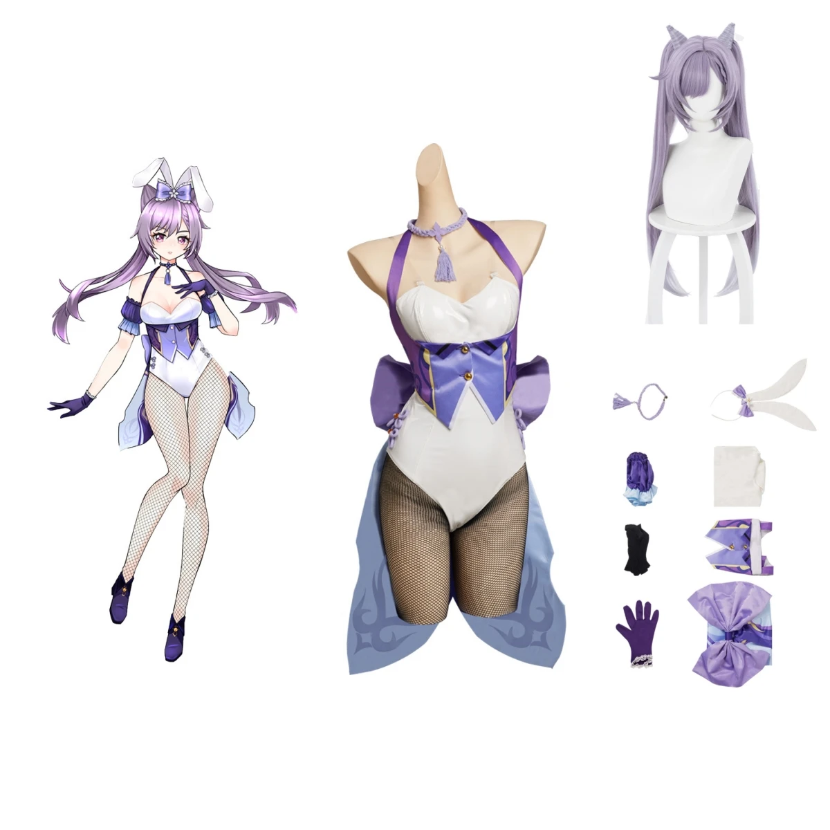 

Game Genshin Impact Keqing Cosplay Anime Women Costume Bunny Girls Jumpsuit Wig Halloween Carnival Roleplay Disguise Clothes