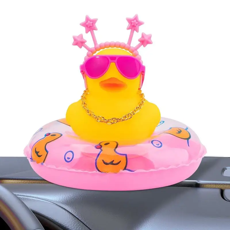

Squeak Rubber Ducks Car Ornaments Car Dashboard Duck Decoration With Headband Swim Ring Necklace Sunglasses For Car Dashboard