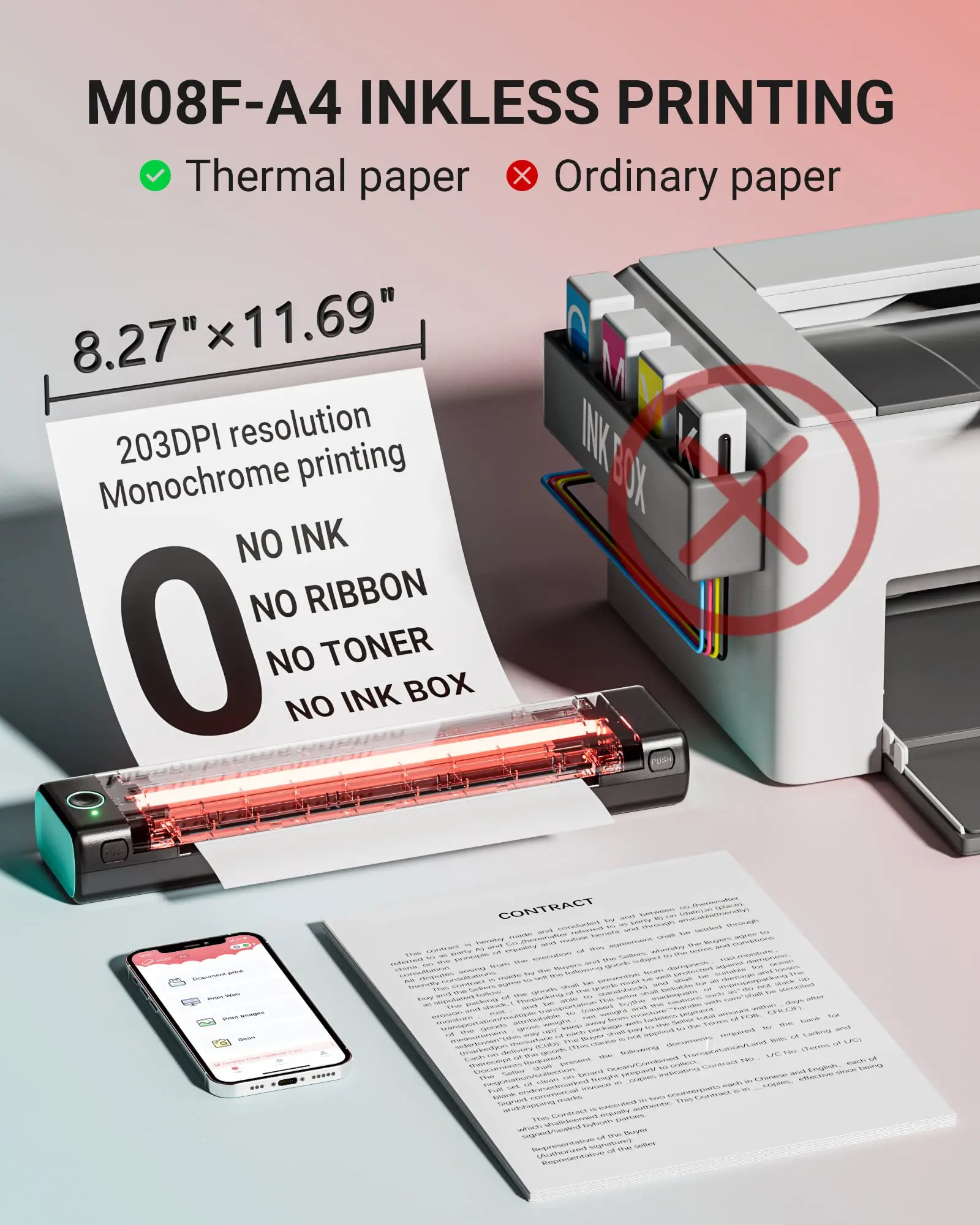 A4 Portable Printer Bluetooth Inkless Small for PDF Webpage Contract Picture Printing Support Computer &amp Smart Phone |