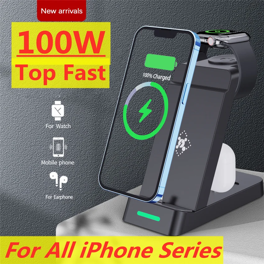 

Беспроводное зарядное устройство 3 в 1, 100 Вт, подставка для iphone 13 14 12 11 X XR XS 8, быстрая Беспроводная зарядная док-станция для Apple Watch AirPods