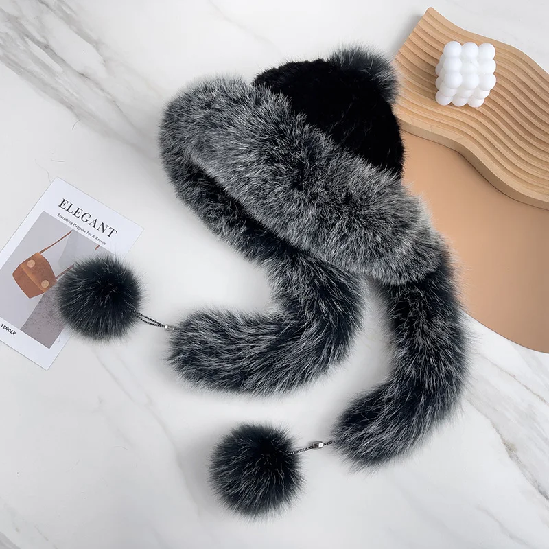 

Pudi Women Winter Real Mink Fur Knitted Hat Lady Girl Warm Beret Caps Fox Collar Skullies Beanies HF211