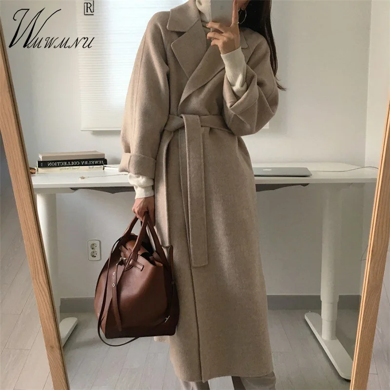 

Elegant Belt Long Winter Coats Women Slim Wool Blends Cardigan Korean Fashion Warm Woolen Overcoat New Fall Thick Luxury Jackets