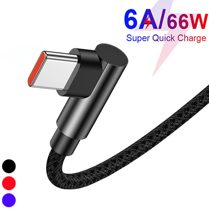 

6A USB Type C Cable 90Degree Elbow 66W Fast Charge Charger Cord For Xiaomi POCO F3 F4 Huawei Redmi Realme OPPO Mobile Phone Wire