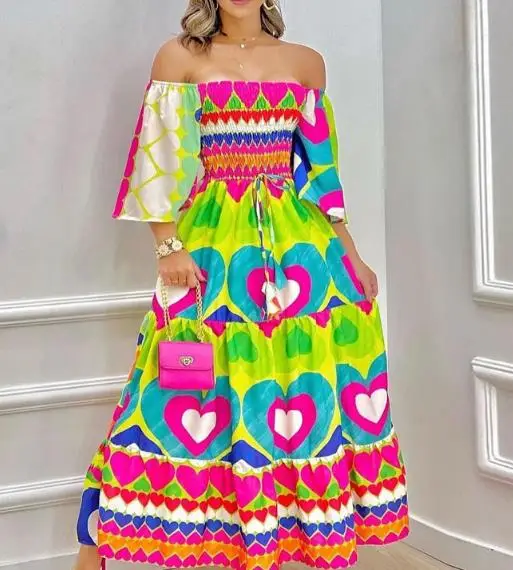 

Women's Dress Elegant Temperament Long Summer Dresses for Women 2023 Off Shoulder Love Peach Printed Evening Party Skirt Dress