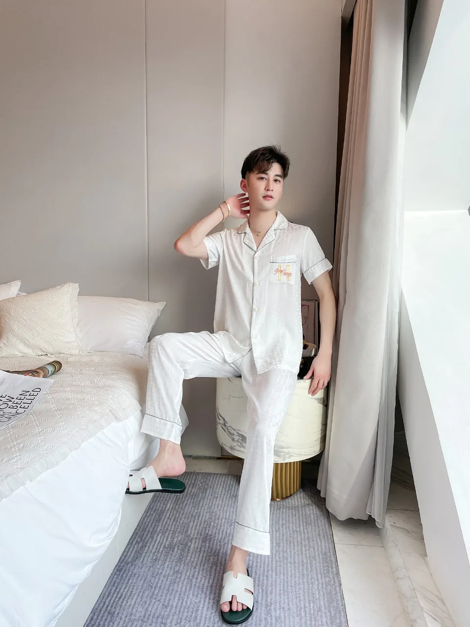 [Women's pajamas] [high-quality]New Ice Silk Couple Pajamas Men's Spring/Summer Thin Pajamas Women's Sweet Home Suit Set