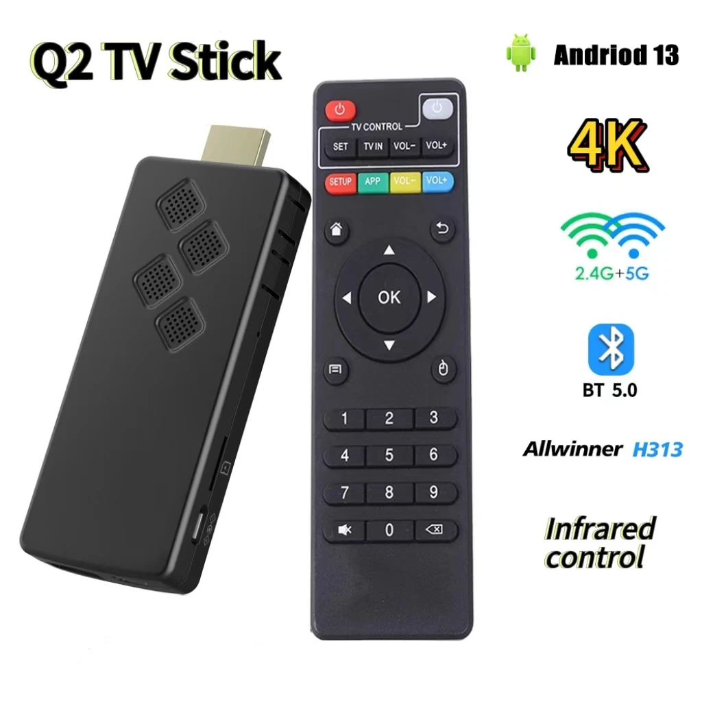 Android13 Smart TV Stick Q2 HDR10 Google Assistant Allwinner H313 Dual 2 4G5GWi-Fi Youtube Многоязычный потоковый