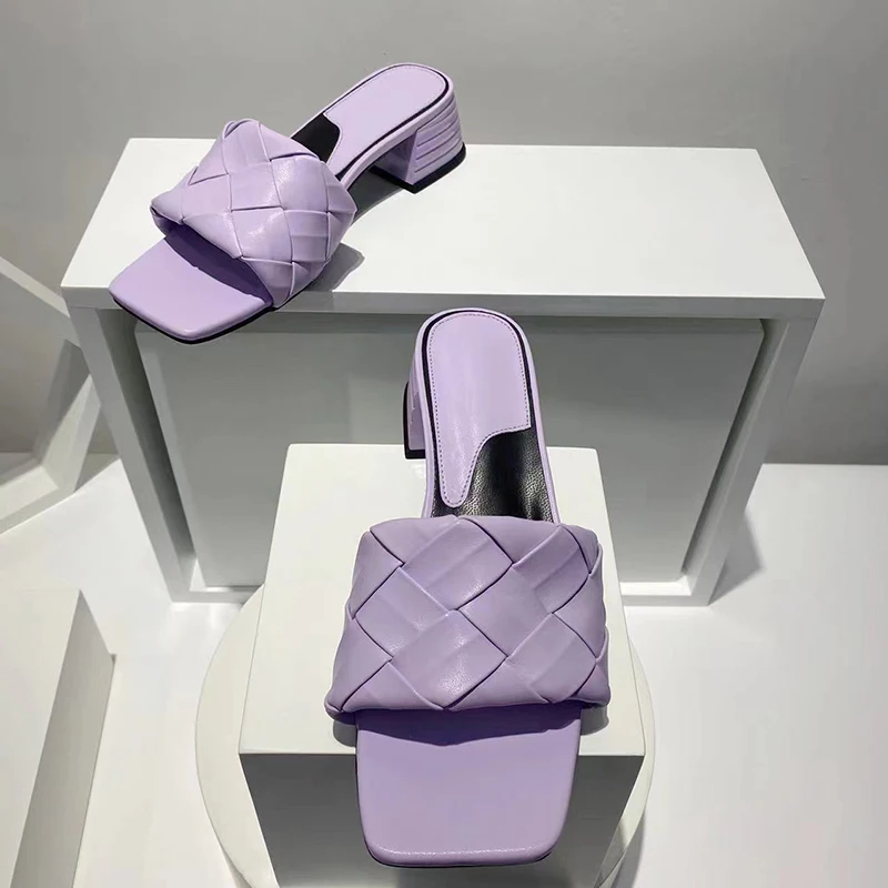 

2022 Fashion Casual New Summer Women's Slippers Solid Color Square Toe Braided Open Toe Chunky Middle Heel Outdoor Slippers