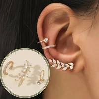 crystal cartilage ear ear cuff 3pcs set earrings leaf ring fake clip on cuff