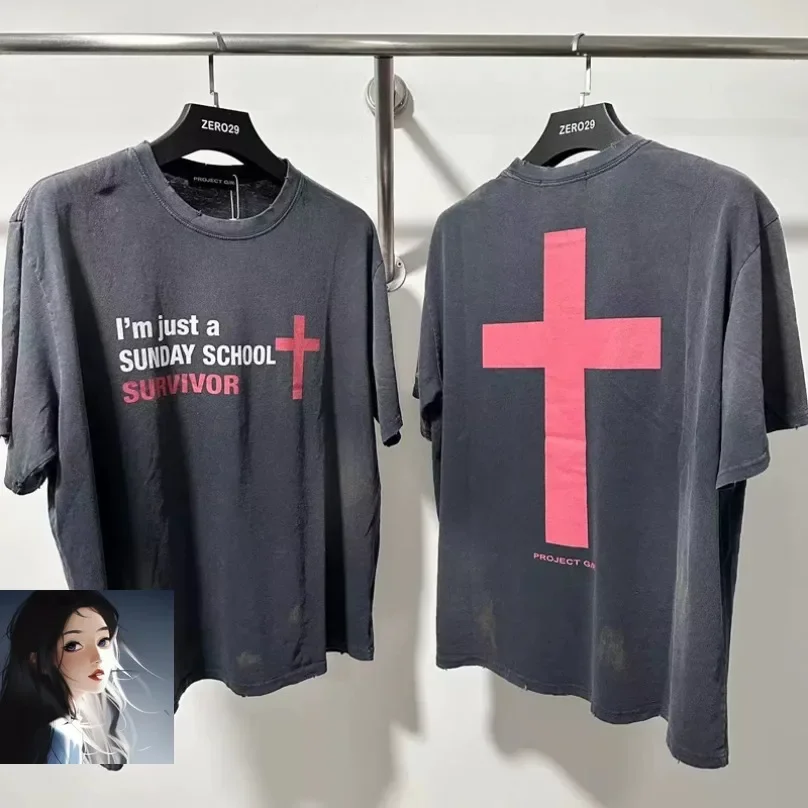 Футболка Stain Black Washed Project GR Хлопковая свободная футболка 2025 Лето Мужчины Женщины