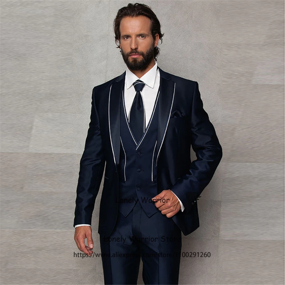 

Classic Navy Blue Mens Suits Slim Fit Formal Banquet Blazer Wedding Groom Tuxedos 3 Piece Set Terno Masculino Jacket Vest Pants