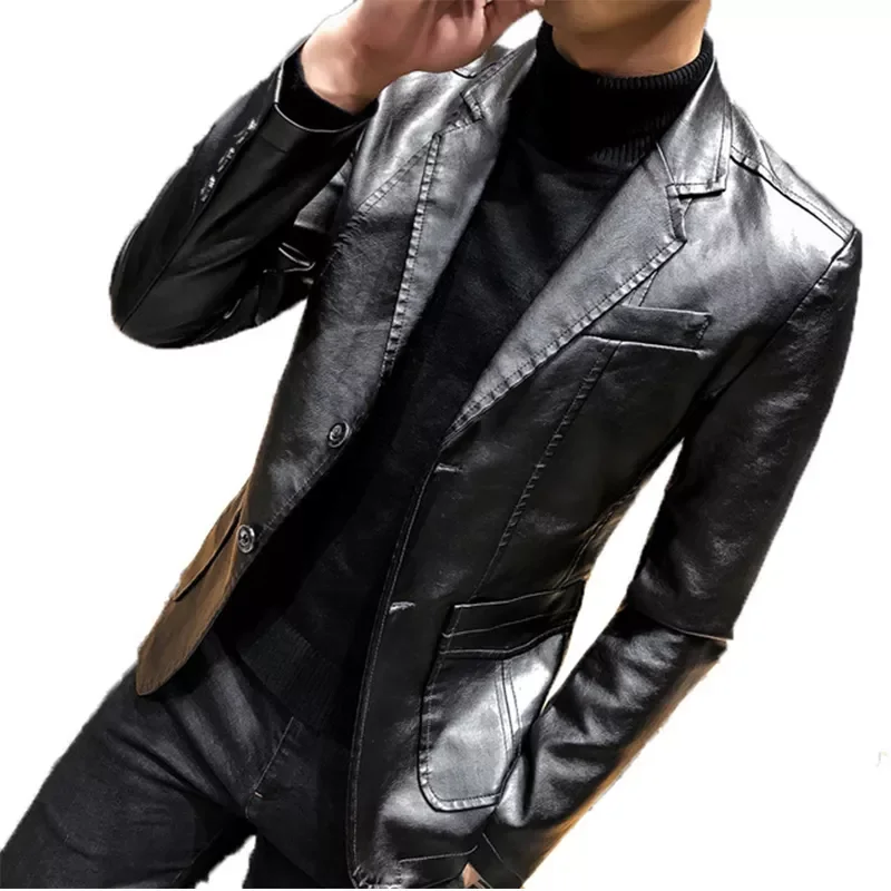 

NEW IN Leather Jacket and Coats 2022 New Spring and Autumn Men Business Casual Classic Pu Leather Suit Collar Slim Fit Jackets