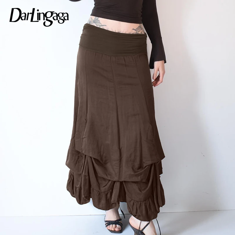 

Darlingaga Grunge Fairycore Brown Y2K Maxi Skirt Women Draped Vintage Low Waist Fold Elegant Autumn Skirt Long Chic Boho Outfits