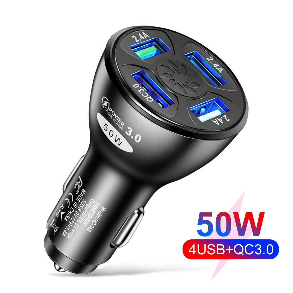 

50W 4 USB Car Charger Quick Charge QC 3.0 For iphone Xiaomi Samsung Oneplus Universal Adapter in Car Portable Cell Phone Charger