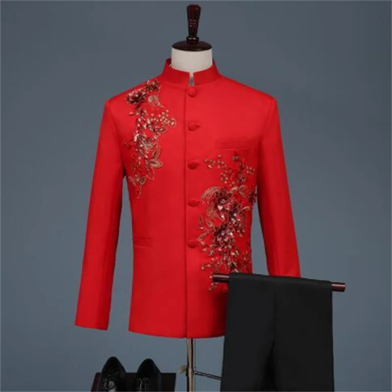 Red suits mens blazers wedding sequin three-dimensional flower costumes dress stage slim youth host chorus clothes stand collar