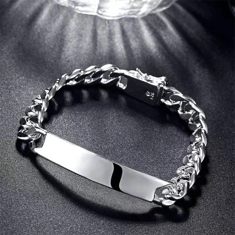 

Luxury 100%S925 Sterling Silver Bracelet Wide 8mm Smooth Engraved name Men's Silver Bracelet Gift Women's Jewelry Wholesale