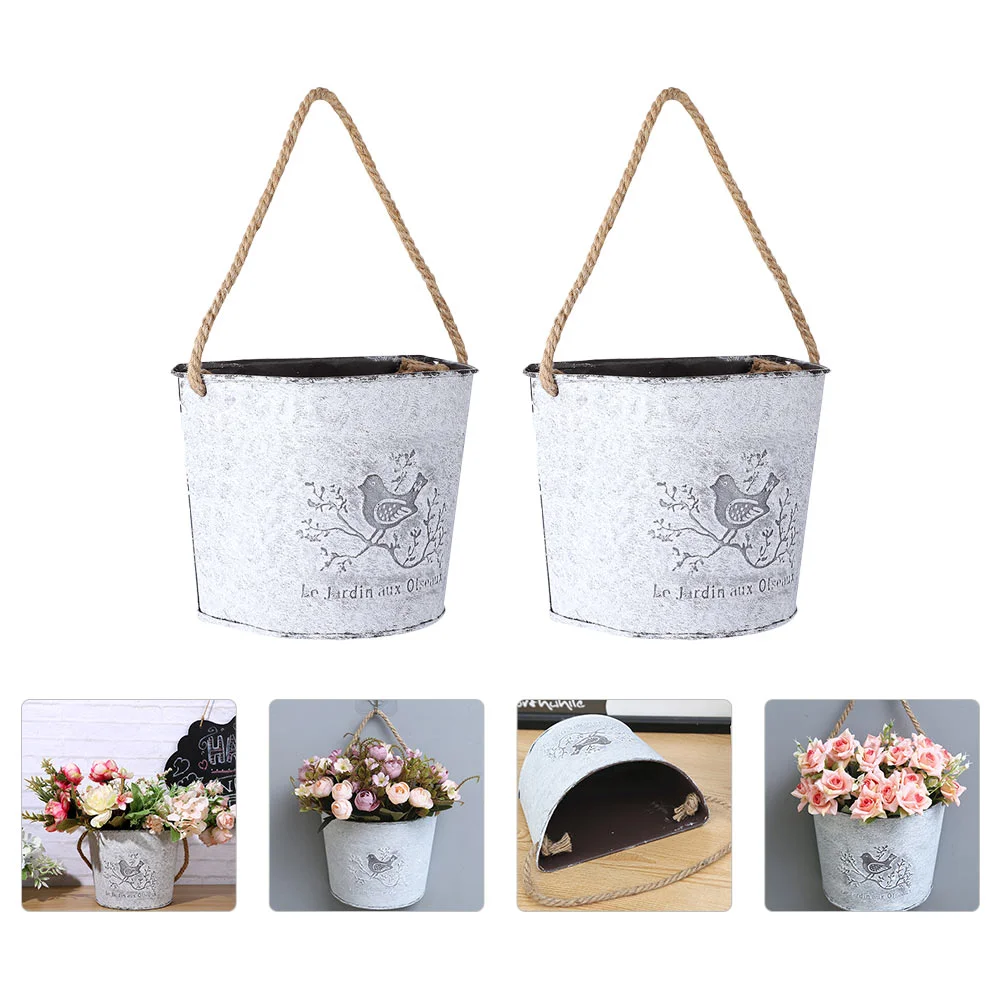 

2 Pcs Iron Cactus Planter Artificial Plants Indoor Hanging Vintage Vase Wall Mount Flower Bucket Farmhouse Pitcher Holder