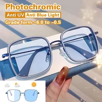 photochromic myopia glasses women men large square flat mirror anti blue light uv400 nearsighted glasses%e3%80%90 6 0 to 0 5%e3%80%91