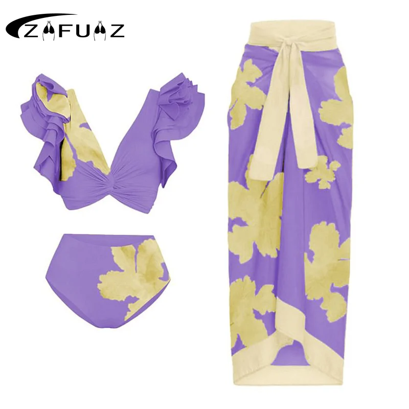 

Женский купальник 2023, однотонный комплект бикини с глубоким V-образным вырезом и оборками, ретро, праздничная пляжная одежда, летняя элегант...