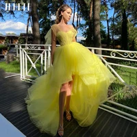jeheth lemon yellow high low prom dresses sweetheart tulle sleeveless a line lace up back evening party dresses sweep train