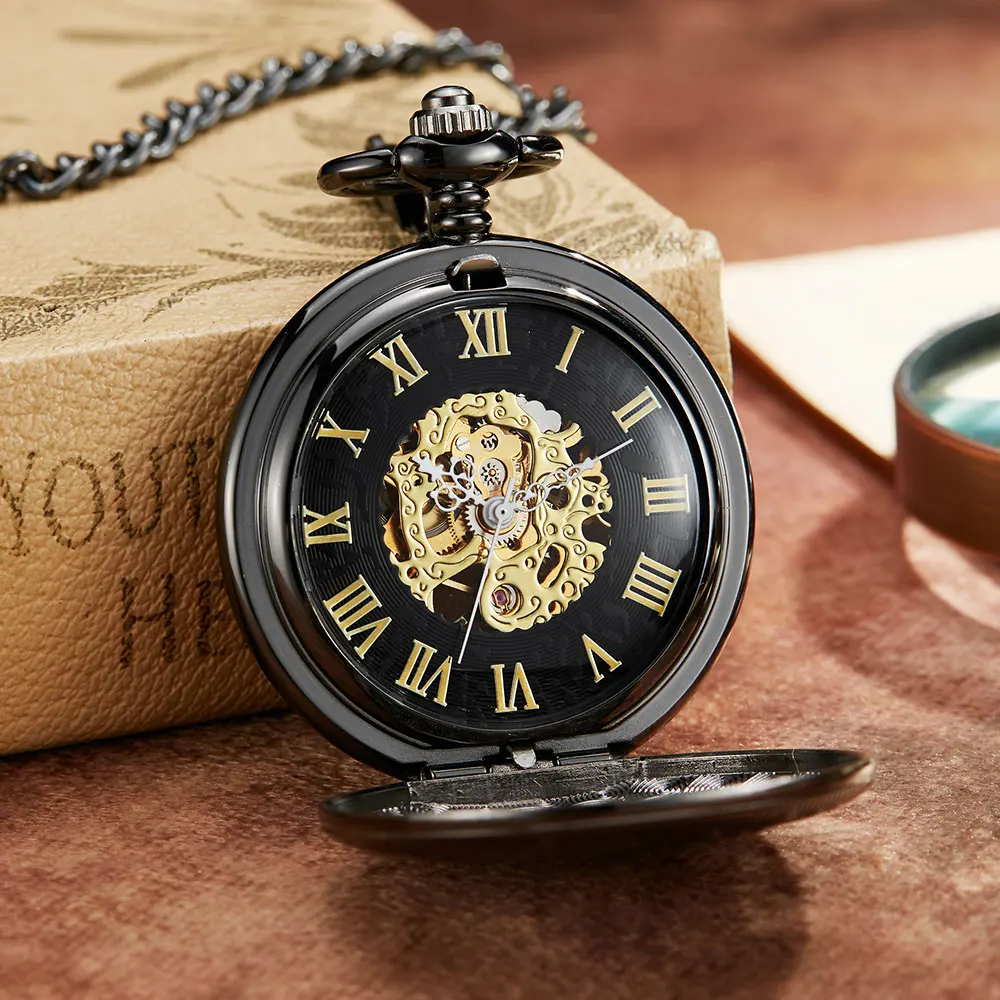 Vintage Golden Steampunk Mechanical Pocket Watch Men Hollow Skeleton Roman Dial Pocket FOB Watch Chain Male Clock Hand Wind