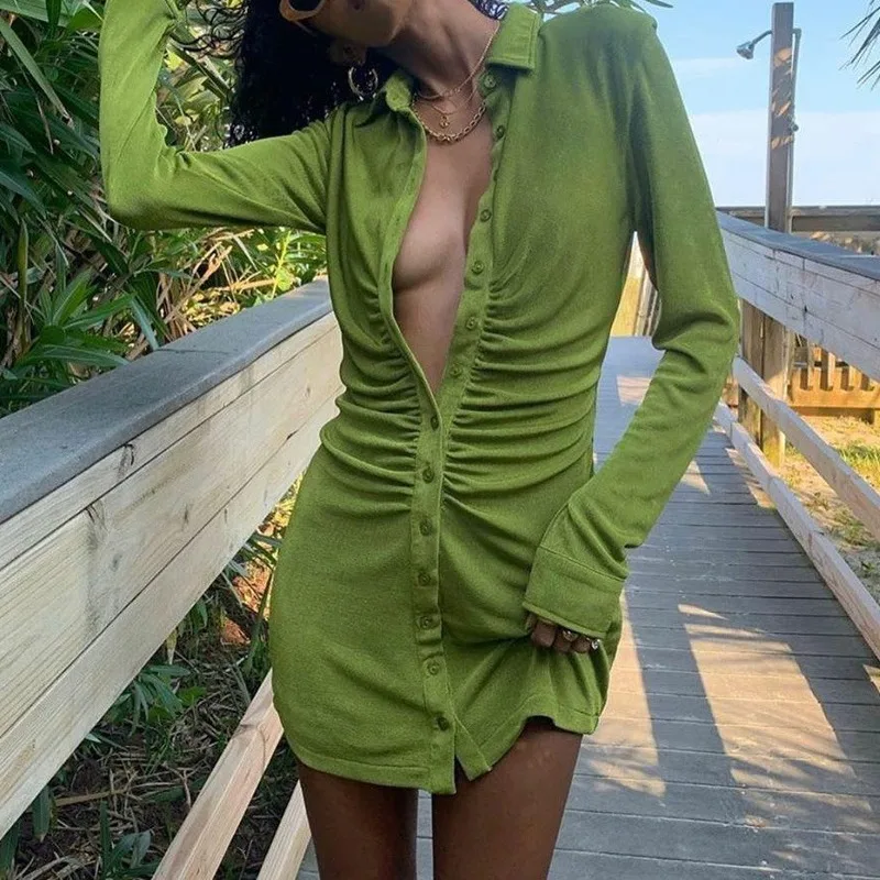 

Autumn dress women long sleeve dresses sexy mini dress green button up dresses bodycon turn down collar shirt dress 2021 new