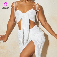 hipster 2 piece set women skirt undefined length pleated sexy spaghetti straps cleavage top high slit cut out slim female skirt