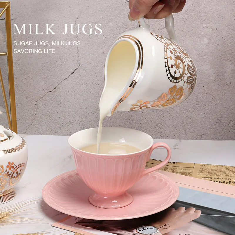

European afternoon tea ceramic milk pot with golden bud ribbon handle and milk flower milk cup milk can sugar can with spoon