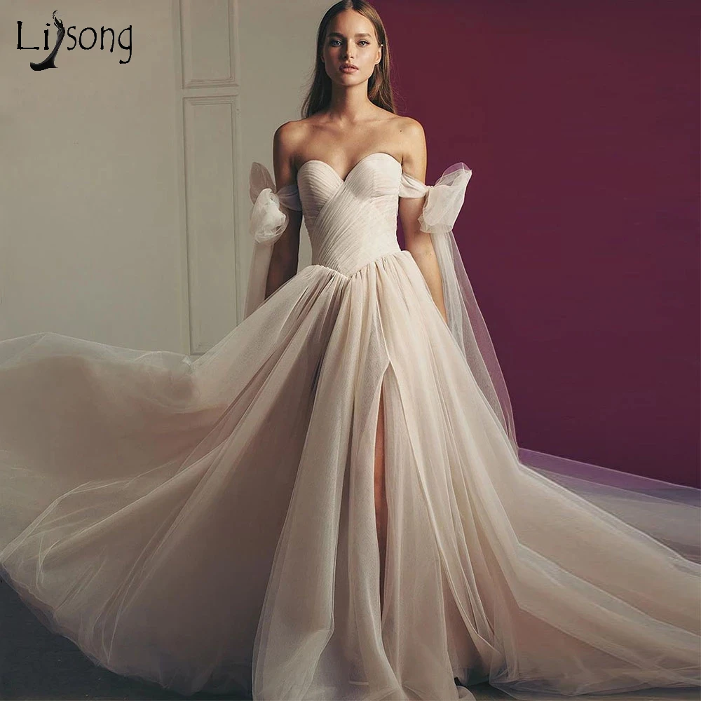

Elegant Tulle Beach Boho Wedding Dresses for Women 2022 Bride Dress with Bow Strap High Slit Simple Party Gown vestidos de novia