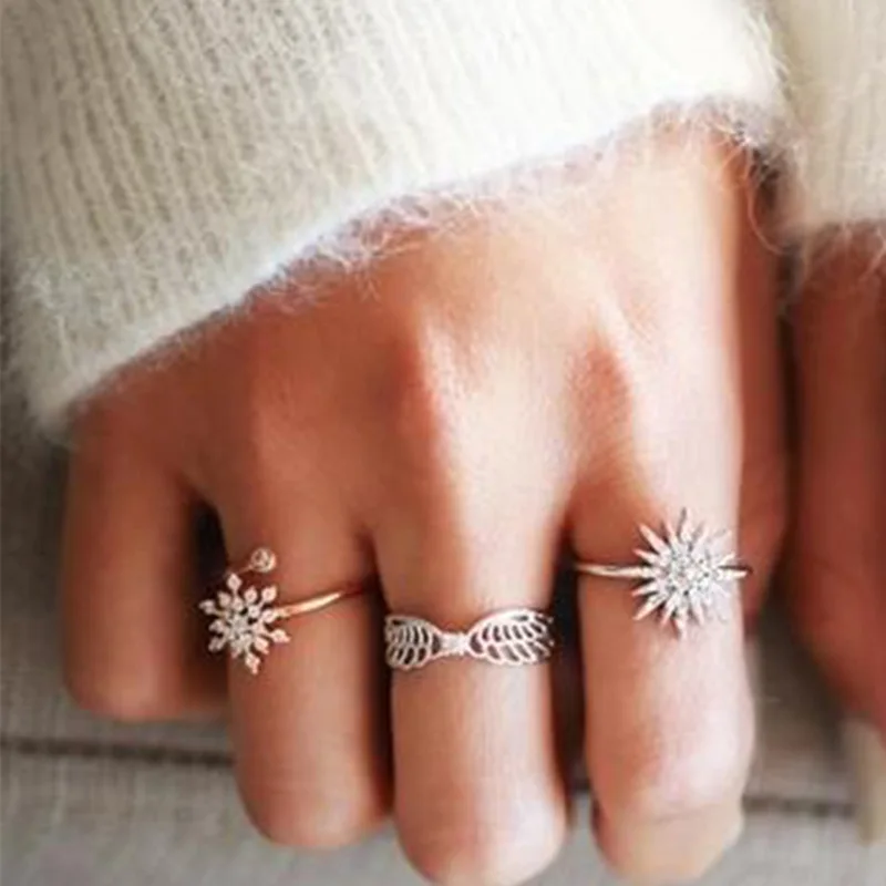 New 2022 Snow Inlaid Diamond Hexin Joint Ring Angel Wings 3-piece Set