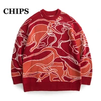 chips vintage abstract totems print men woman sweater retro casual cotton pullover streetwear hip hop harajuku sweaters fashion