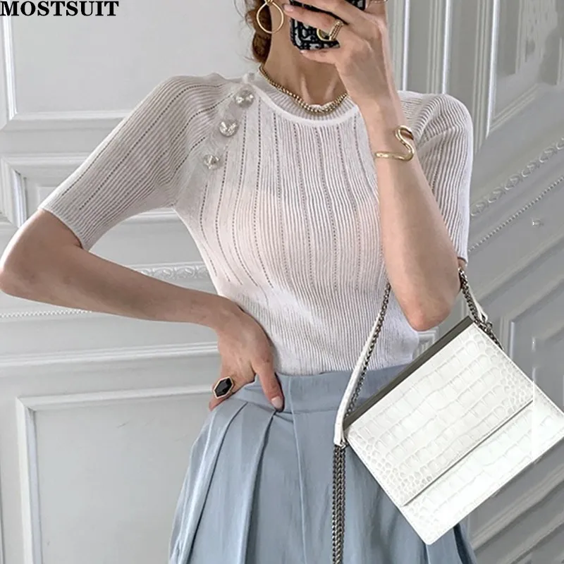 

Summer Korean Style Thin Knit Sweater T Shirt Women Gold Buttons Vintage Elegant Slim Pullover Top Fashion Ladies Woman Tee Tops