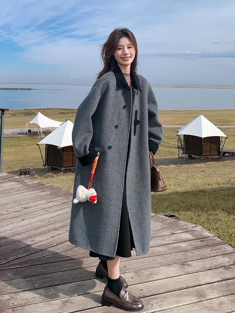 Gray Design Sense Double-sided Cashmere coat Women 2024 Winter New Korean Series Temperament Mid-Length Woolen Jacket