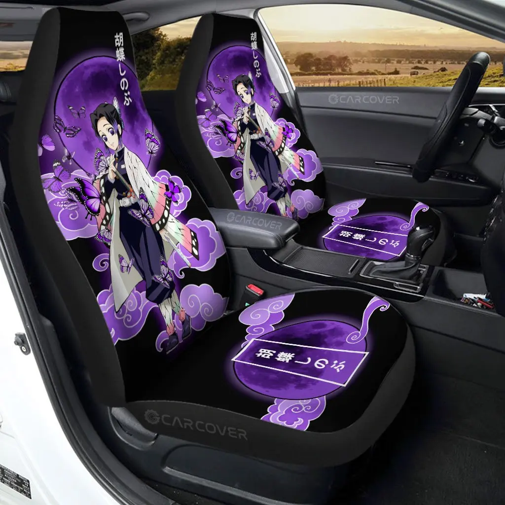 

Чехлы для автомобильных сидений Shinobu Kochou, персонализированные аксессуары для автомобиля с аниме рассекающим демонов, комплект из 2 универсальных защитных чехлов на передние сиденья