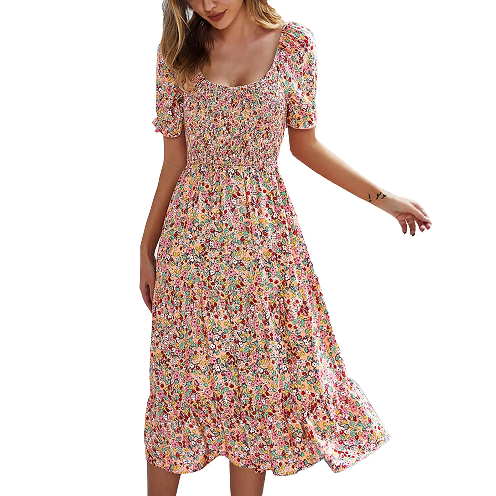 

Dresses for women 2022 Women's Summer Floral Print Scoop Neck Midi Dress Casual Boho Short Sleeve Smocked Split Swing Beach