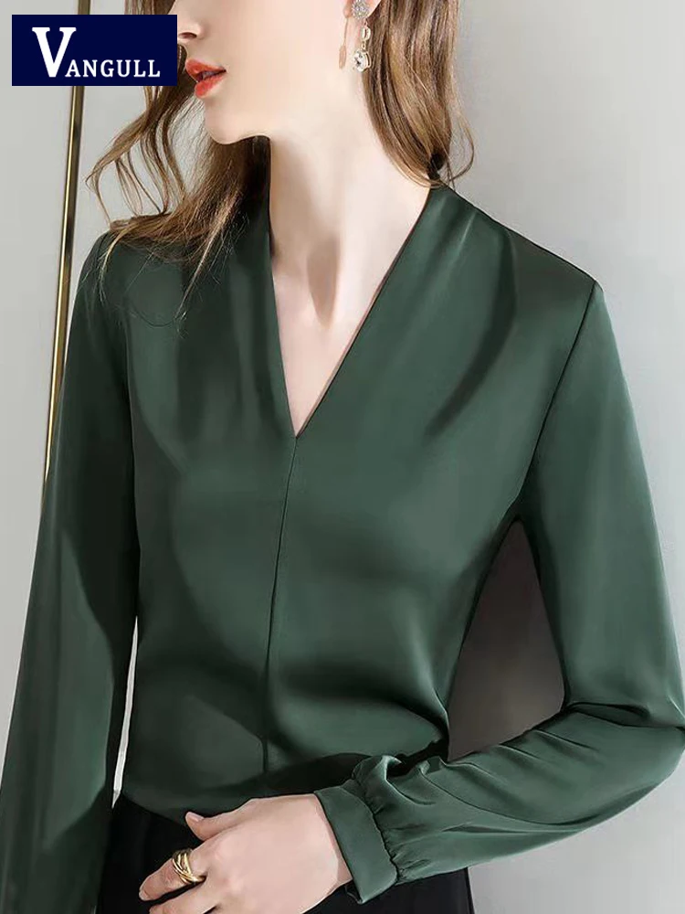 

Vangull Модная Голубая рубашка в полоску, женские блузки с V-образным вырезом, женские свободные топы, однобортные женские рубашки с длинным рук...