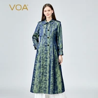 voa yarn dyed jacquard silk turn down collar epaulettes long sleeve single breasted classic retro style long trench coat fe210
